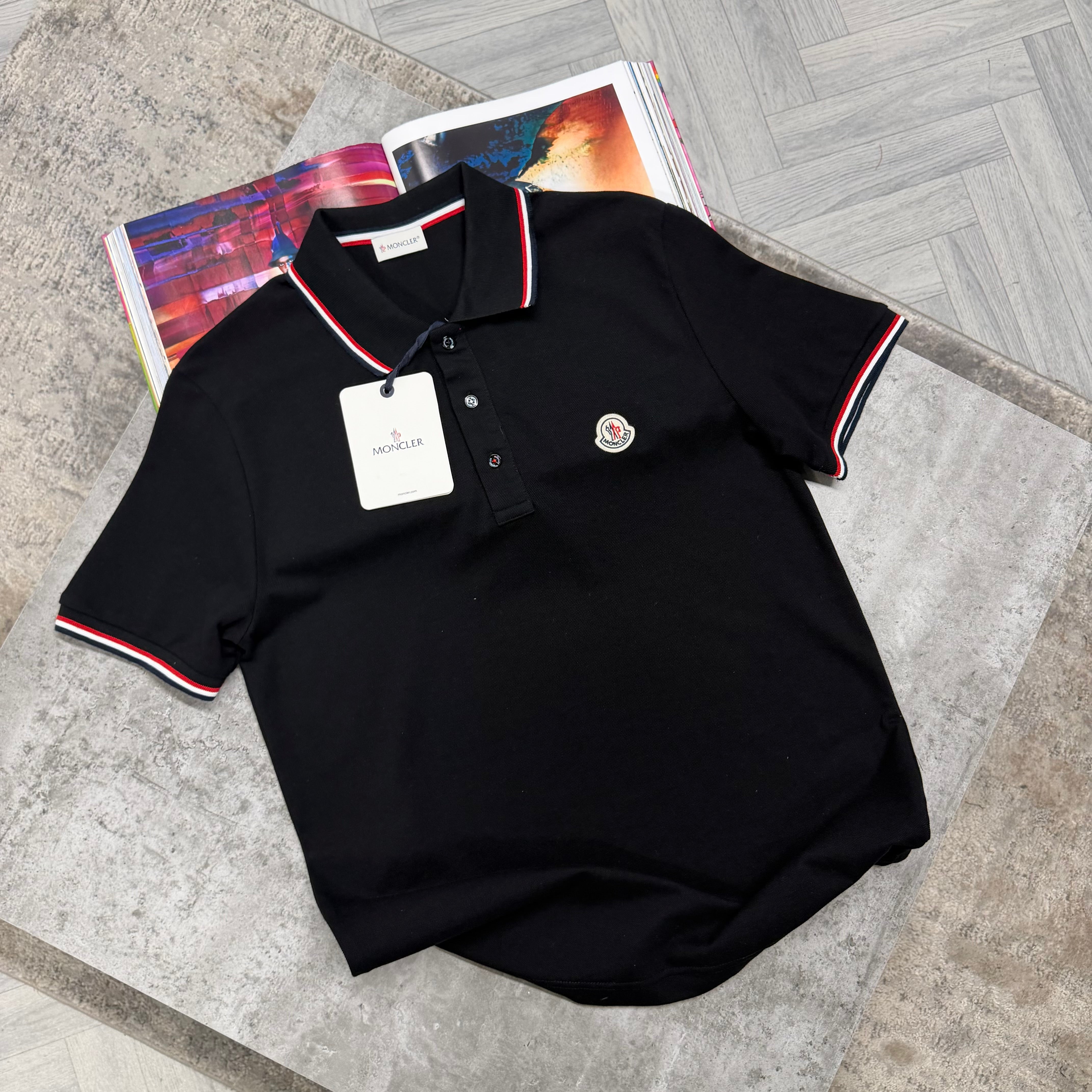 MNCLR STRIPE COLLAR POLO - BLACK